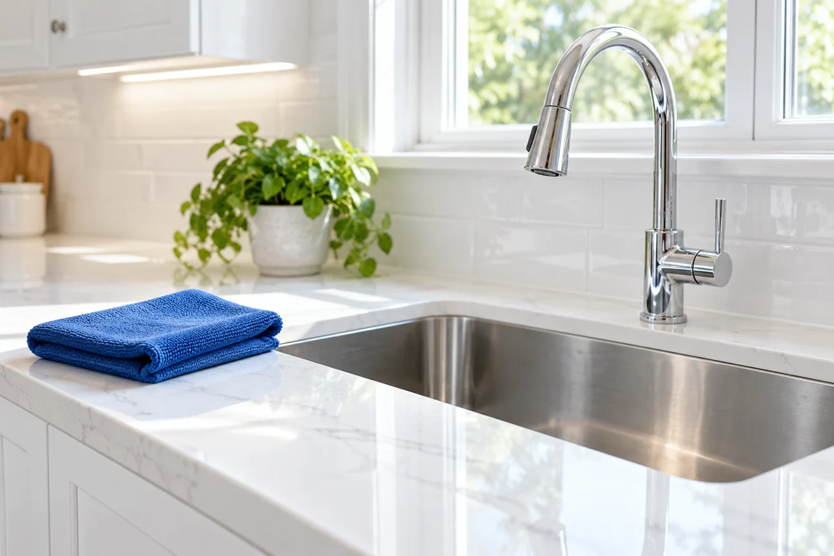 A fresh white kitchen with a spotless counter and polished sink